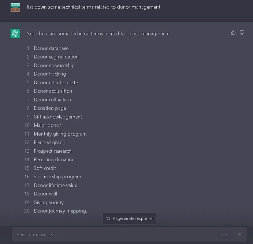 chatgpt generating keywords related to donor management