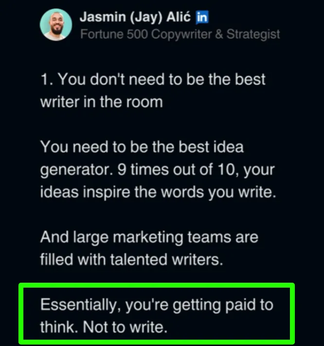 Jasmin Alic's LinkedIn post on content writing